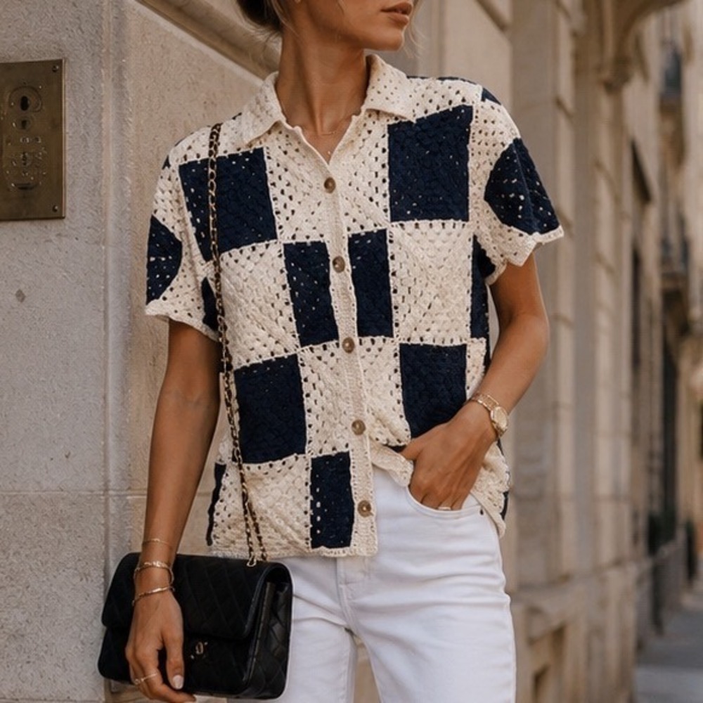 Crewcuts Navy Cream Crochet Top Shirt Cotton Womens XS Kids L J.Crew Y3